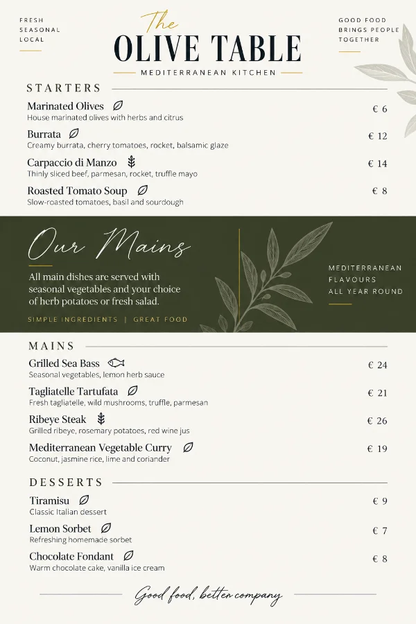 Restaurant menu with an Info Block introducing the main courses