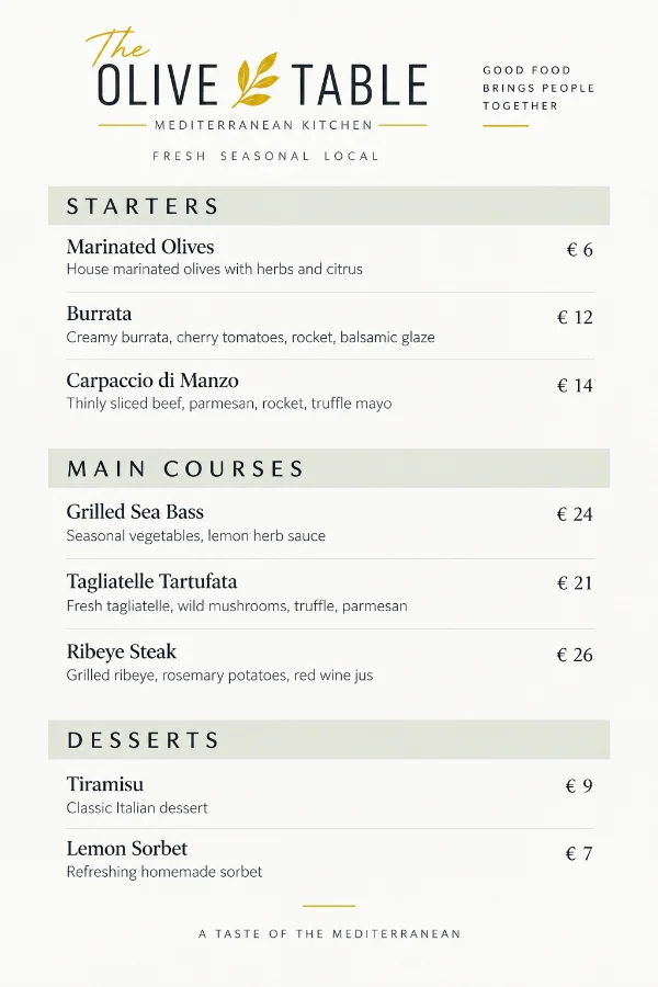 Restaurant food menu with inline dish descriptions and single prices