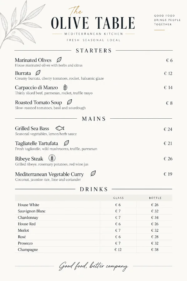 Restaurant menu with dietary badges beside dishes and Glass and Bottle prices