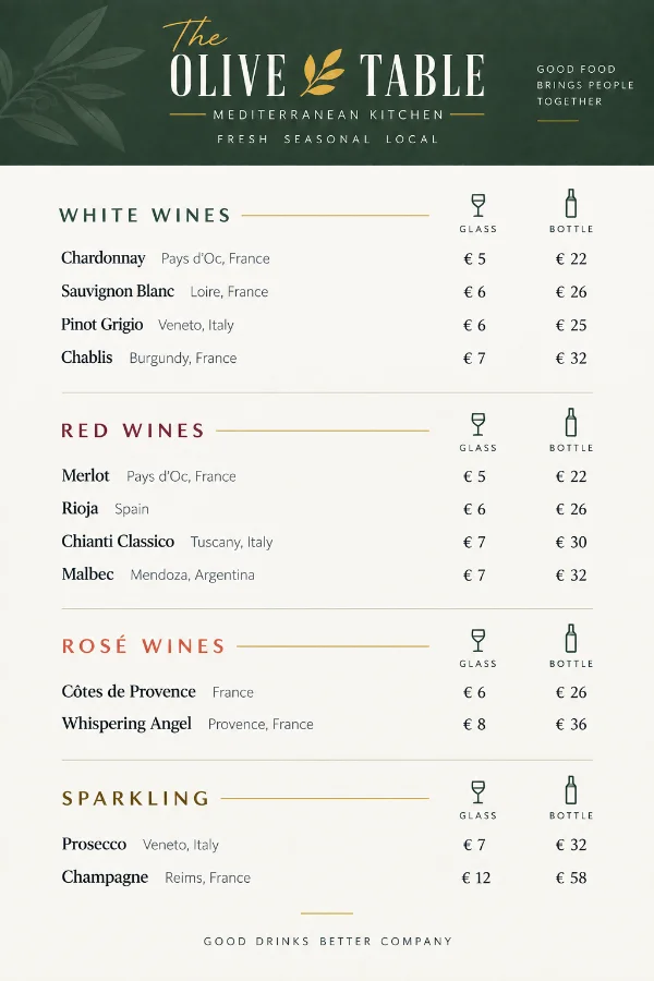 Wine menu with separate Glass and Bottle price columns