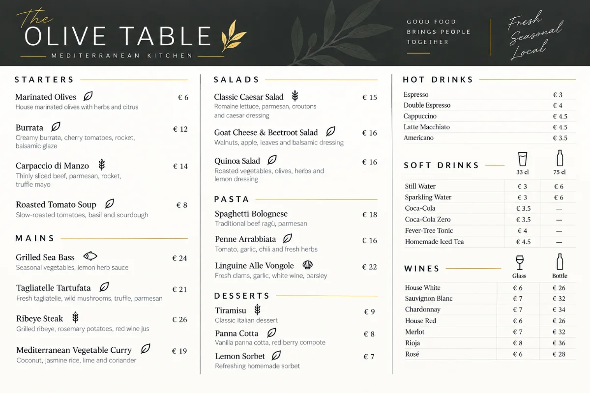 Three-column restaurant menu with food, drinks and dietary badges