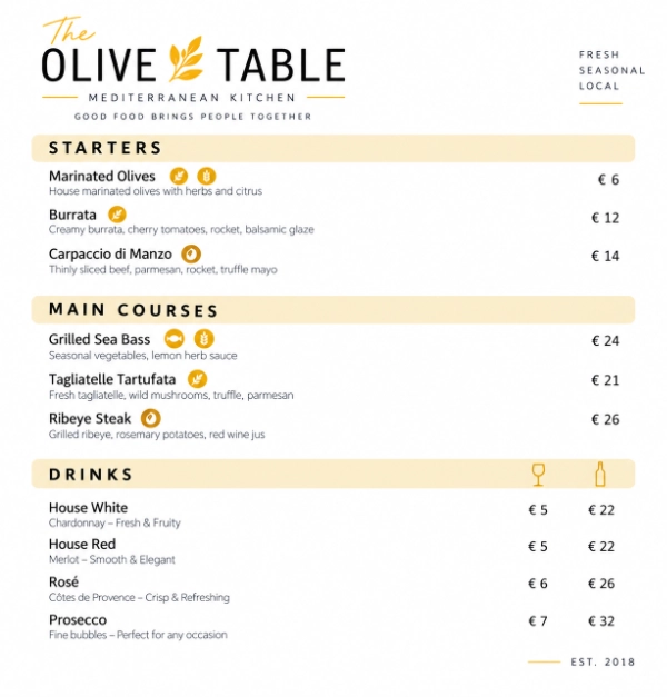 Restaurant menu with flexible pricing layouts in JelloPoint